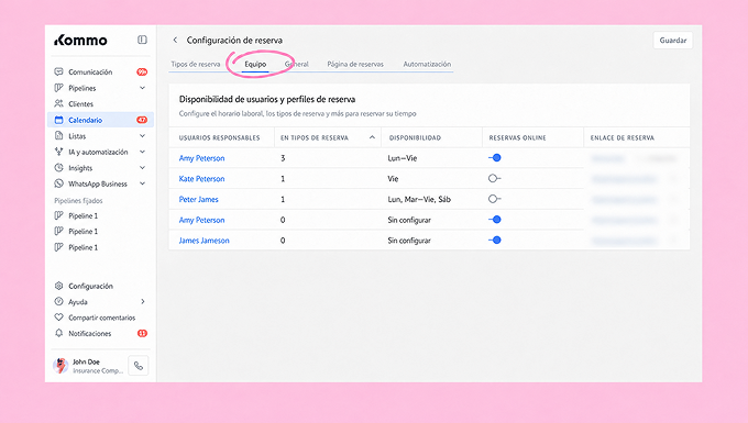 User reservation settings with highlighted team section and user availability details.
